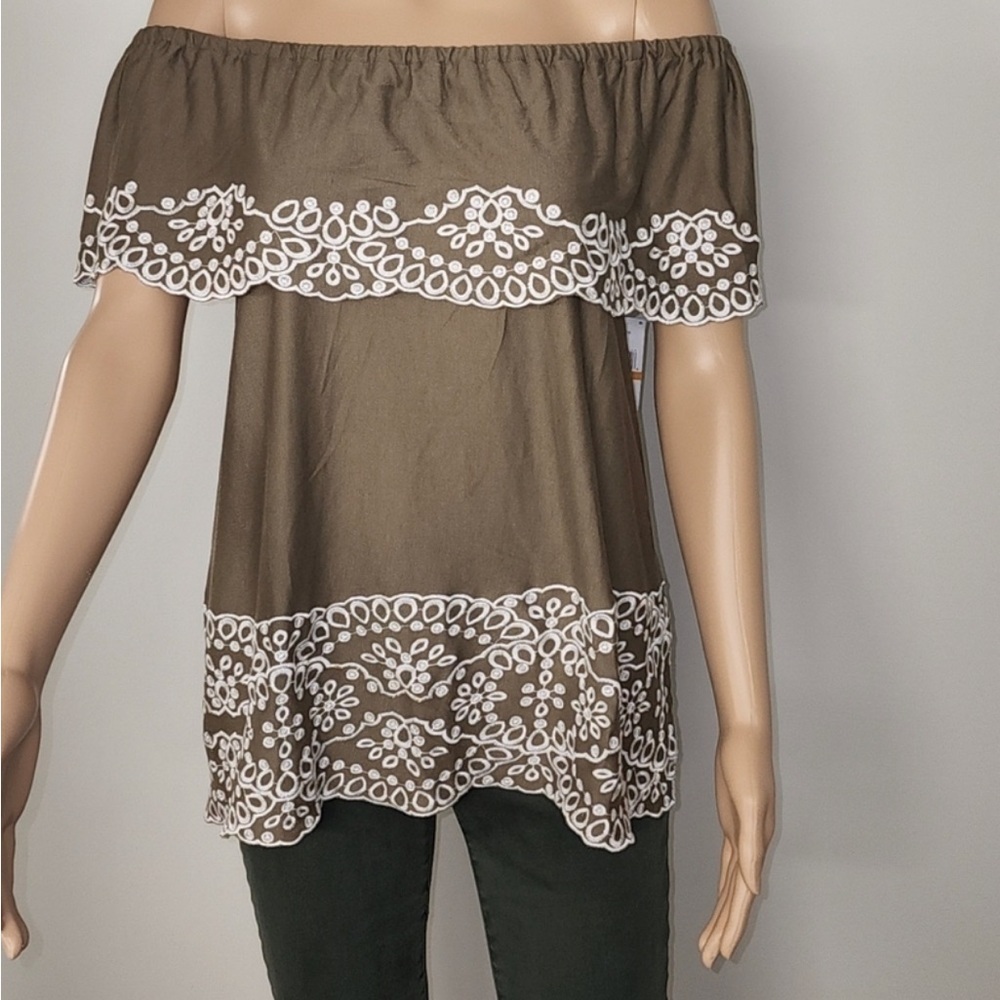 FEVER Olive Embroidered Off-The-Shoulder Boho Tunic Top Size S | NWT